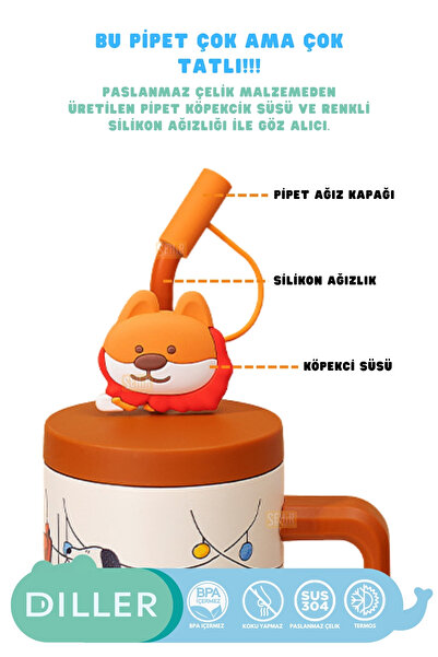 DILLER 1200ml Yeni Koleksiyon Sevimli Hayvanlar Tumbler Pipetli/Pipetsiz Kulplu Paslanmaz Çelik Termos