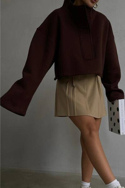 bayansepeti Kadın Kahverengi Yaka Çıt Çıt Kapama Detaylı Oversize Crop Sweats...