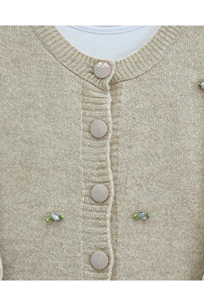 Modamorfo Buttoned Floral Detailed Soft Cardigan -Stone