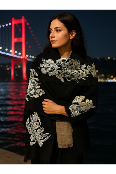 fiore fashion Kadın Taşli Şal Kaşmir 15% Ipek Taşli Şal Cashmere