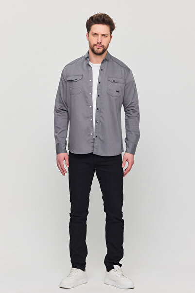 YXC Trend Maker Erkek Gömlek Slim Fit Erkek Gri Kot Gömlek