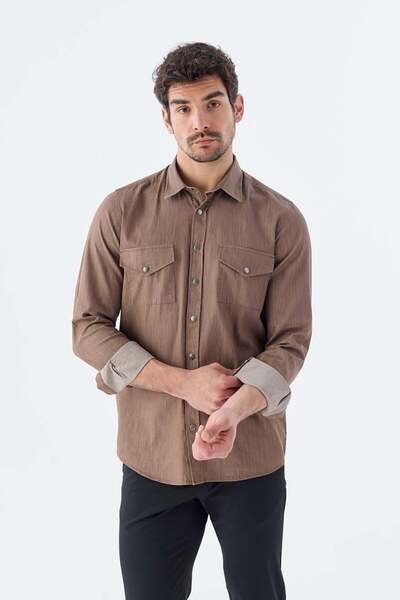 Jakamen Καφέ Comfort Fit 100% βαμβακερό τζιν πουκάμισο με τσέπες και κουμπωτά