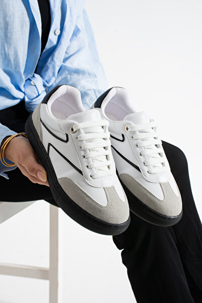 Bufu Alya Beyaz Siyah Anatomik Esnek Taban Günlük Bağcıklı Spor Ayakkabı Ergonomik Rahat Sneakers