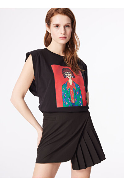 Fabrika Bisiklet Yaka Baskılı Siyah Kadın T-Shirt F4SL-TST0221