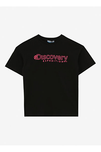 Discovery Expedition Siyah Kız Çocuk Bisiklet Yaka Relaxed Baskılı T-Shirt D4...