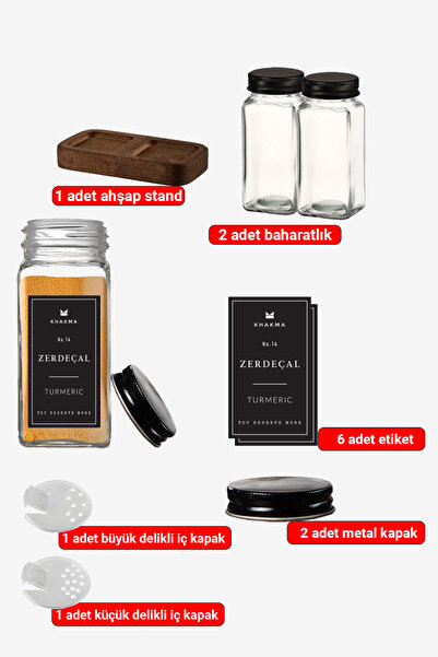 KHAKMA Set of 2 Glass Spice Jars with Wooden Stand Salt Shaker Pepper Shaker | 120 ml | Black Cover and Black Label