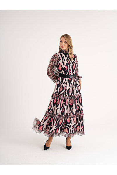 SERPİL Kadın Leopar Desenli Şifon Elbise | Uzun Kollu, Yüksek Yaka, Kuşaklı B...
