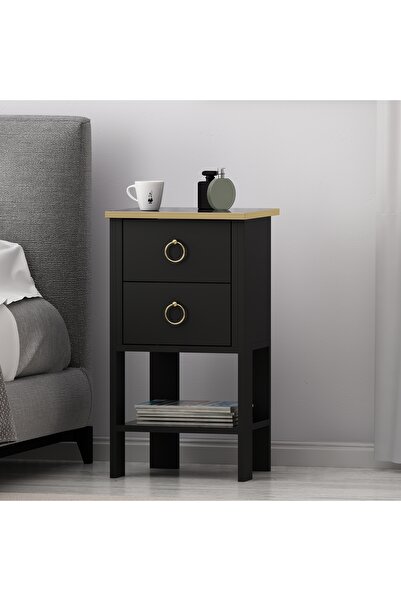 Betroya Cevheri 2 Çekmeceli Komodin - Siyah / Royal Mermer