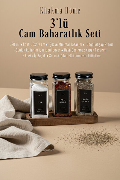 KHAKMA طقم توابل زجاجي مكون من 3 قطع مع حامل خشبي |   120 مل |   غطاء أسود وملصق أسود |   تصميم بسيط