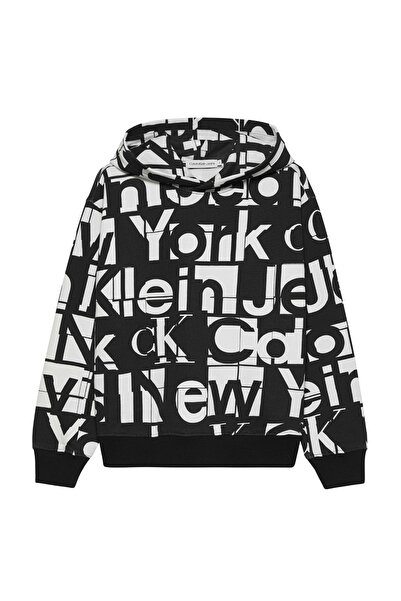 Calvin Klein Baskılı Erkek Çocuk Beyaz Sweatshırt GRID AOP HOODIE