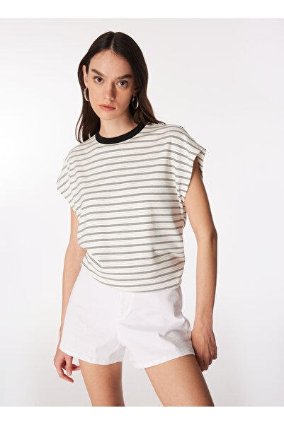 Fabrika Beyaz - Siyah Kadın Bisiklet Yaka Basic T-Shirt F4SL-TST0658