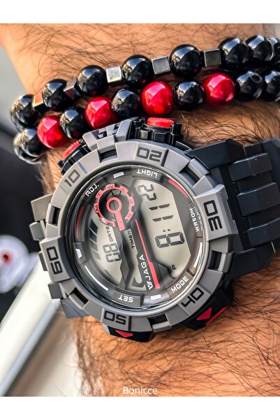 Jaga ساعة يد رجالية كرونو رقمية مقاومة للماء باللون الأحمر مع ساعة توقيت