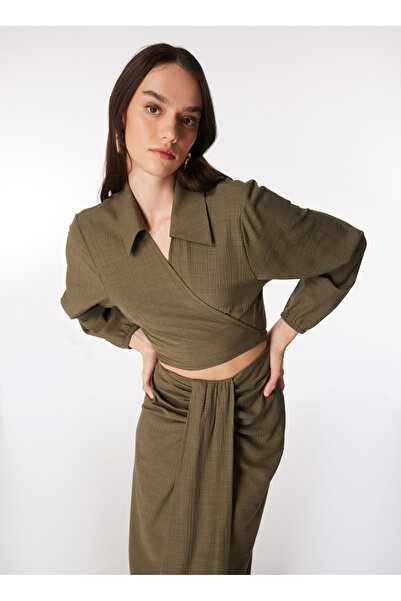 Fabrika Haki Kadın Kruvaze Yaka Crop Bluz F4SL-BLZ0860