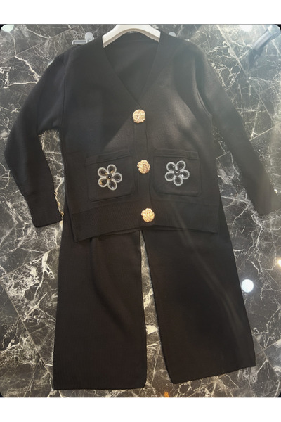 MY QILAM Women's Hijab Set Floral Embroidered Gold Button Knitwear Bottom and Top Set Black