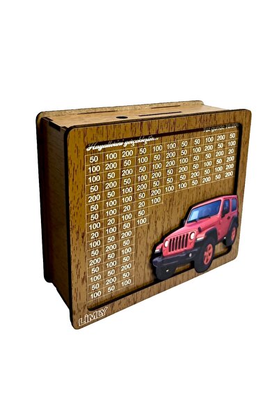 Limly Tasarım 10.000 ₺ kumbara - Kırmızı Jip Figürlü Ahşap Kumbara