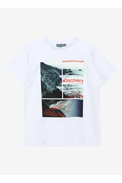Discovery Expedition Beyaz Kız Çocuk Bisiklet Yaka Relaxed Baskılı T-Shirt D4...