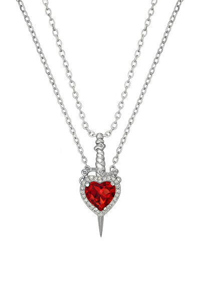 LuxeGem قلادة مزدوجة للنساء على شكل خنجر وقلب من الفولاذ - فولاذ 316L مع تفاص...