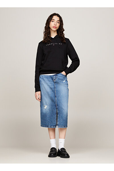 Tommy Jeans Kapüşon Yaka Düz Siyah Kadın Sweatshırt TJW REG LINEAR HOODIE