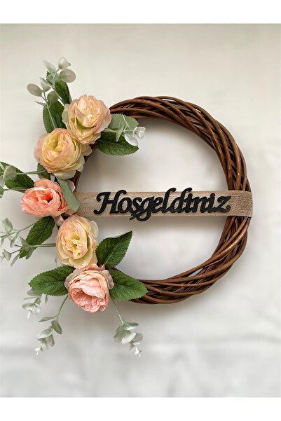 MACROMEKİDS Στολίδι πόρτας με ροζ τριαντάφυλλο με λεπτομέρεια από μπαμπού -Δώρο για νέο σπίτι-Ρουστίκ διακόσμηση-Χειροποίητο