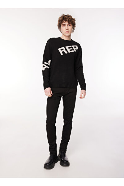 Replay Bisiklet Yaka Normal Baskılı Siyah Erkek Kazak UK2514 110 JACQUARD BLACK/BUTTER