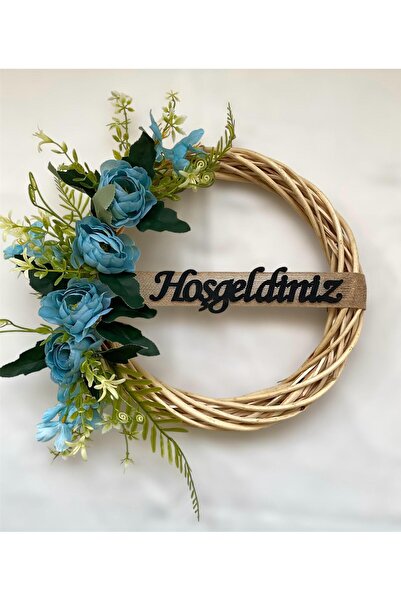 MACROMEKİDS Mavi Gül Detaylı Bambu Çelenk Kapı Süsü -Yeni Ev Hediyesi-Rustik Dekor-El Yapımı