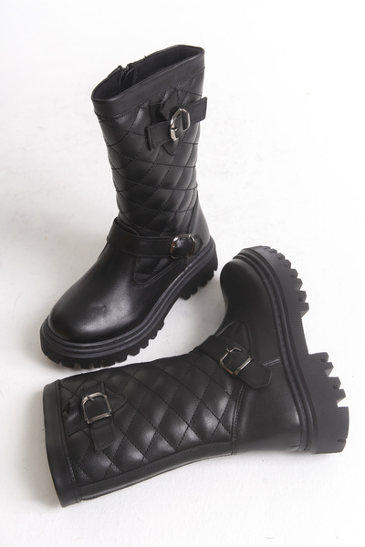 Moda Lime Girl's Long Quilted Zippered Buckle Detail Waterproof Thick Flexible Comfortable Sole Winter Boots