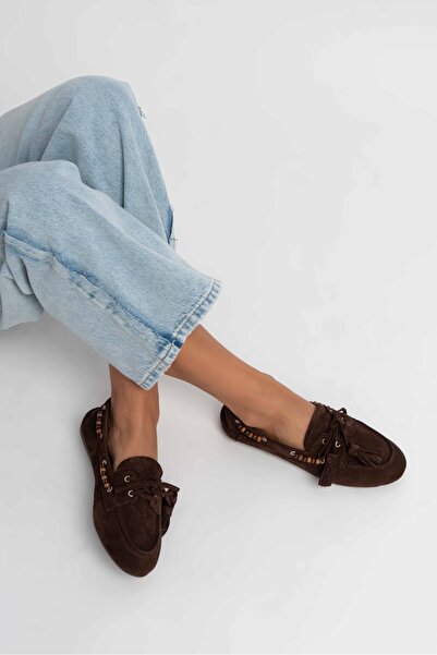 NİŞANTAŞI SHOES Fisher Coffee Дамски балетни пантофки от естествена кожа с плоска подметка и детайли от мъниста