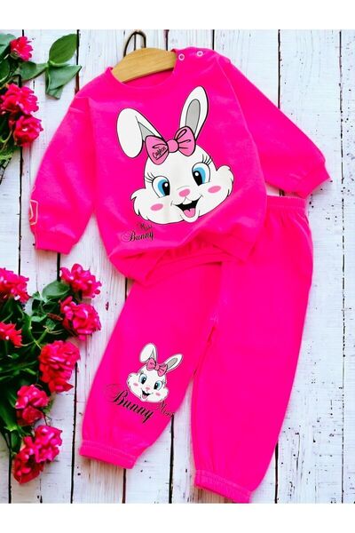 Ege Bebek طقم سويت شيرت علوي وسفلي بأكمام طويلة ومطبوع على شكل أرنب لطيف للفت...