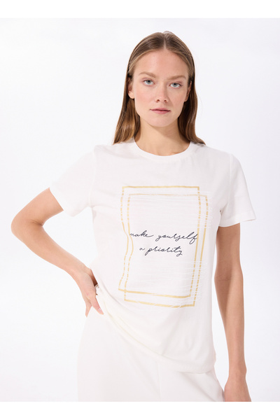 FABRIKA COMFORT Kırık Beyaz Kadın Bisiklet Yaka Basic Baskılı T-Shirt FC4SL-T...