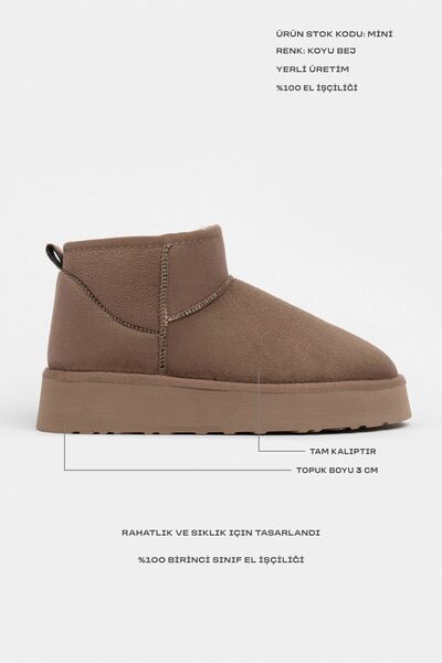 NİŞANTAŞI SHOES Mini tmavě béžové semišové dámské boty se silnou podrážkou s kožíškem uvnitř