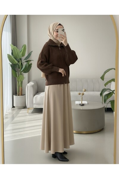 Modamorfo Half-Thigh Zippered Knit Cardigan - Brown