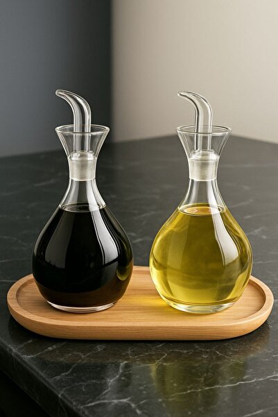 Reoona 2 Adet Borosilikat Tombul Düz Cam Yağdanlık Yağlık ve Sirkelik Seti 900 ml+900 ml Bambu Standlı