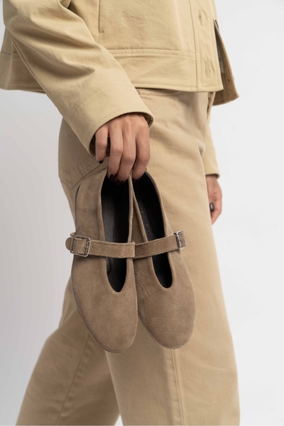 NİŞANTAŞI SHOES Mera Rome Bej Süet Toka Detay Hakiki Deri Toka Detay Düz Taban Kadın Babet