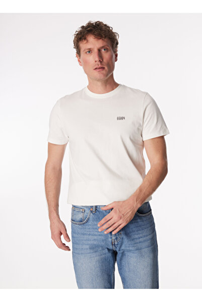 Fabrika Kırık Beyaz Erkek Bisiklet Yaka Basic Baskılı T-Shirt F4SM-TST 0202