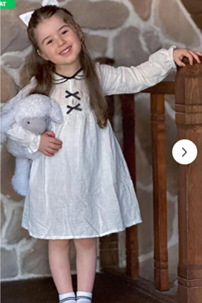 Neva Baby Boutique Kız Çocuk Beyaz Denizci Yaka Uzun Kollu Elbise Keten Elbise