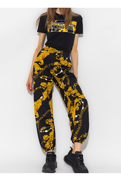 VERSACE JEANS COUTURE Bisiklet Yaka Baskılı Siyah Kadın T-Shirt 75HAHE01