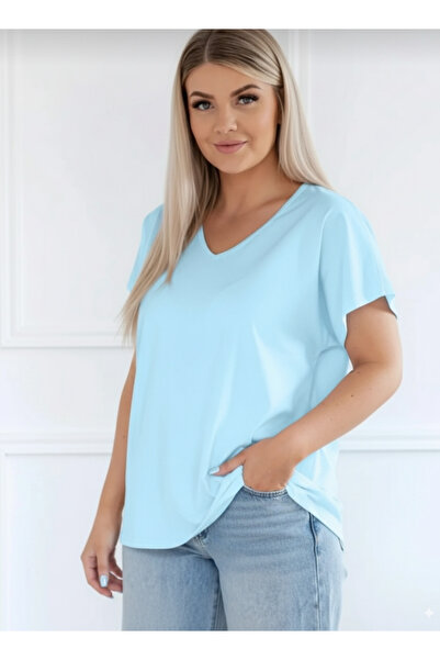 Barato Tricou premium din bumbac cu decolteu în V Trend Plus Size