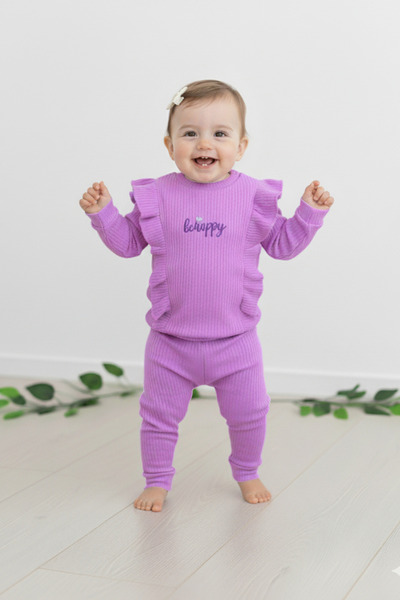 Ege Bebek طقم ملابس علوي وسفلي مطبوع عليه Happt للفتيات الصغيرات، قماش قطني، ...