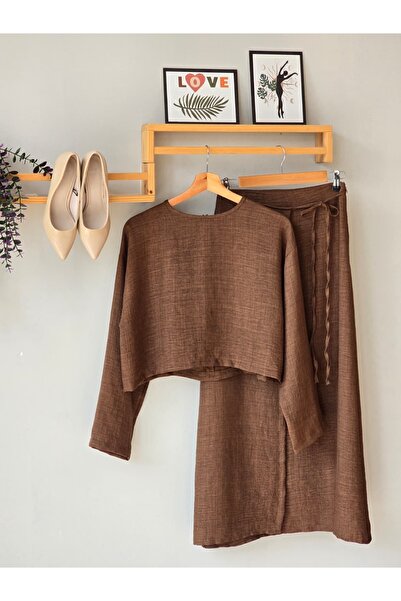 ENDAMIM Γυναικείο σετ Λινό τεμαχίων: Μπλούζα και φούστα, μακριά φούστα με ελα...