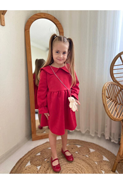 DUDOR KİDS Red Suede Girl's Dress and Teddy Bear Accessories (New Year'S-New Year'S-New Year'S-New Year's Eve)