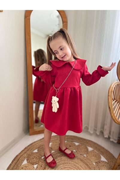 DUDOR KİDS Red Suede Girl's Dress and Teddy Bear Accessories (New Year'S-New Year'S-New Year'S-New Year's Eve)
