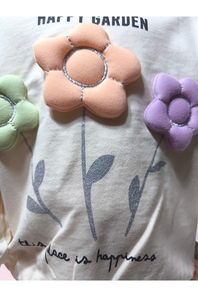 Miniworld Kız Çocuk Alt Üst Takım Kolu Fırfırlı El Nakışı Kabartma Çiçek %100 Pamuk