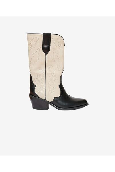 Greyder Kadın Siyah Bej Hakiki Deri Topuklu Çizme 4K2AB59149