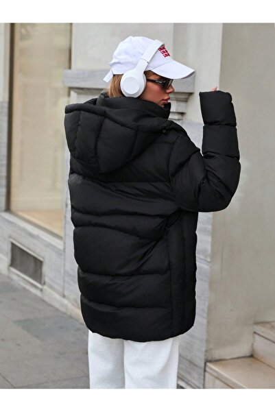 EMİRA LİFE Φουσκωτό παλτό με μοτίβο με κουκούλα BLACK 6620