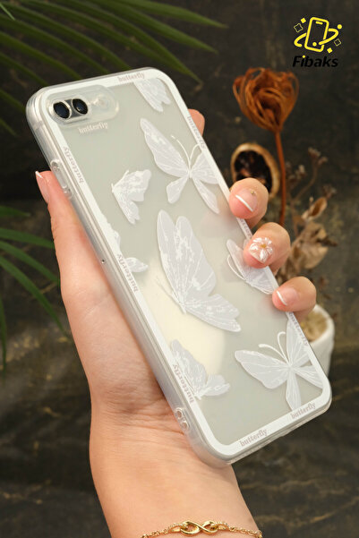 Fibaks İphone 7/8 Plus Kılıf Tasarımlı Desenli Kamera Korumalı Şeffaf Kelebek Esnek Yumuşak Silikon Kapak