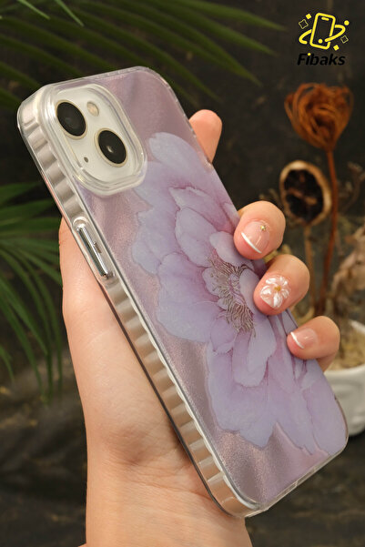 Fibaks Iphone 13/14/15 case holographic purple peony flower pattern shock absorbing camera protected silicone