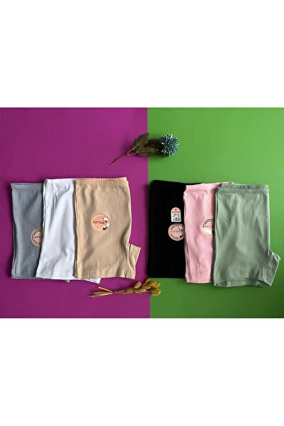 KOTA Kadın Şort-Boxer Set Pamuklu 6 li Beyaz, Ten, Siyah, Yeşil, Mavi ve Pembe Renk Fitilli Şort Bermuda