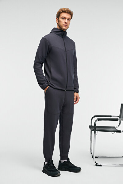 GRIMELANGE Gelido Men's Elastic Waist Cuffed Leg Drawstring Carioca Stitched Printed Anthracite Sweatpants