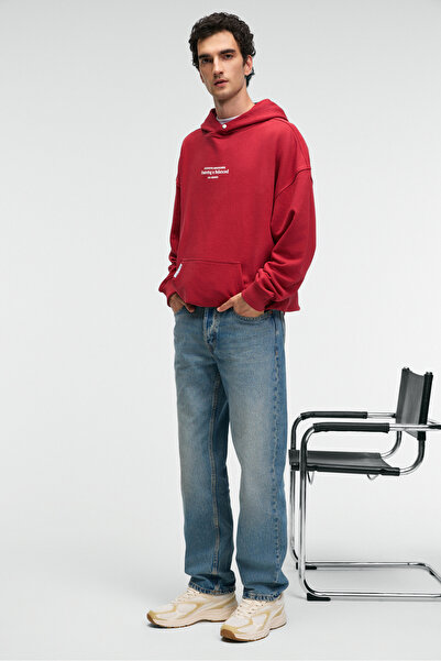 GRIMELANGE CLAY Erkek %100 Pamuk Kapüşonlu Çıtçıtlı Baskılı Cebi Süs Etiketli Kırmızı Sweatshirt