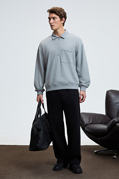 GRIMELANGE August Men's 100% Cotton Half Zip Collar Pocket Ornamental Label Grimelange Sweatshirt